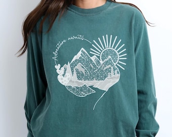 Adventure Heart Long sleeve Comfort Colors T Shirt, wintercore minimalist tshirt, nature lover gift, Long sleeved Comfort Colors