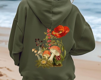 Sweat à capuche champignon fleurs sauvages, sweat cottage, sweat champignon, chemise naturecore, sweat à capuche champignon, floral champignon, amoureux de la nature