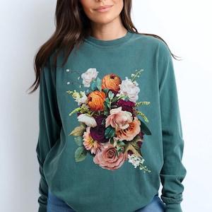Cottagecore Comfort Colors ® long sleeve Floral tshirt, Wildflower, Pretty Flower shirt, Fall Floral Comfort Colors Long Sleeve T-Shirt, plu