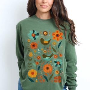 Folk Art Shirt, Cottagecore shirt, Long sleeve Comfort Colors ® Shirt, Folk Art Bird Shirt, Boho Scandi, Naturecore shirt, nature lover gift