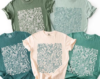 Folk Art Woodland Woodcut Monochrome Shirt, Comfort Colors tshirt, Linocut Scandi Animal Doodle T-Shirt, Boho folk art animal flower tee