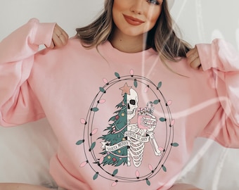 Sweat-shirt de Noël drôle, col rond de Noël squelette, col rond de Noël effrayant, sweat-shirt effrayant en quelque sorte joyeux, chemise de Noël sombre