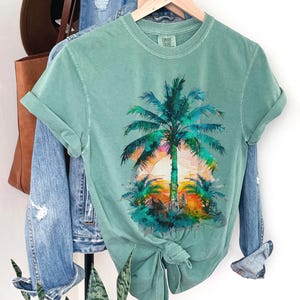 Tropical Palm Tree T-shirt, Sunset Summer Tee, Beach TShirt, Comfort colors tshirt, Vacation shirt, 100 percent cotton t shirt, ocean art t