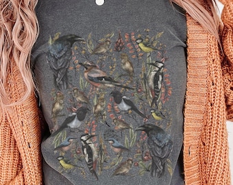 Boho Vogel Shirt, Cottagecore T-Shirt, Komfortfarben Tshirt, Naturecore Shirt, Vogelblumen-T-Shirt, Naturliebhabergeschenk, Geschenk für Mutter, unisex