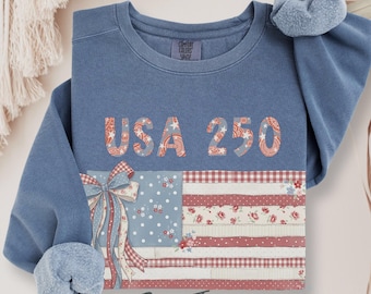 USA 250 Flag Coq Rosett-tröja, Comfort Colors USA-tröja, vintage grannycore 4 juli-tröja, långärmad, retro Americana 250-årsjubileumstopp