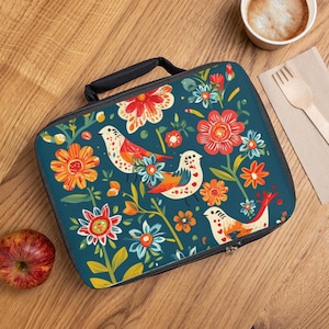 Folk Art Insulated Lunch Bag, Scandi Art Lunch tote, back to school lunch bag, folk art office lunch, cute lunch carrier, scandi art lunch