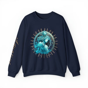 Camiseta de Acuario, diseño de manga con cuello redondo de Acuario, sudadera con el signo de Acuario, signo zodiacal de Acuario, cumpleaños de enero o febrero, regalo para Acuario. Navy