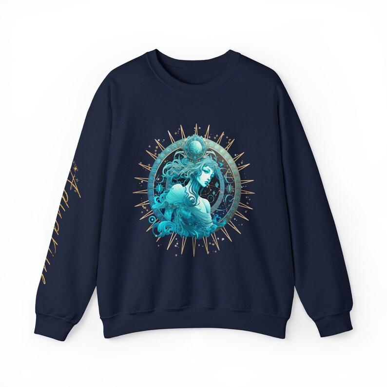 Camiseta de Acuario, diseño de manga con cuello redondo de Acuario, sudadera con el signo de Acuario, signo zodiacal de Acuario, cumpleaños de enero o febrero, regalo para Acuario. Navy