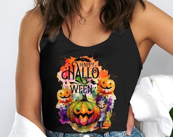 May include: Black tank top with a colorful Halloween design. The design features pumpkins, cats, and the words "Happy Halloween" in a decorative font. The artwork has a watercolor effect with orange, purple, and green hues.