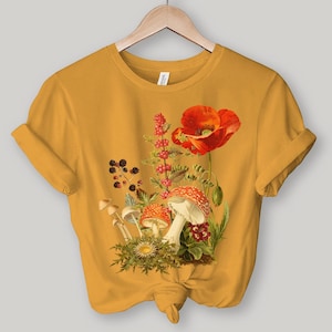 Mushroom Wildflower Shirt, Wild Flower, cottagecore shirt, Poppy, Mushroom, Botanical Mushroom t, Mushroom and Floral shirt, Botanical tee