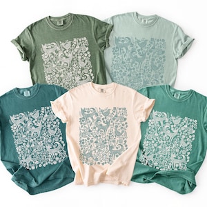 Folk Art Woodland Woodcut Monochrome Shirt, Comfort Colors tshirt, Linocut Scandi Animal Doodle T-Shirt, Boho folk art animal flower tee