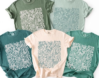 Folk Art Woodland Woodcut Monochrome Shirt, Comfort Colors tshirt, Linocut Scandi Animal Doodle T-Shirt, Boho folk art animal flower tee
