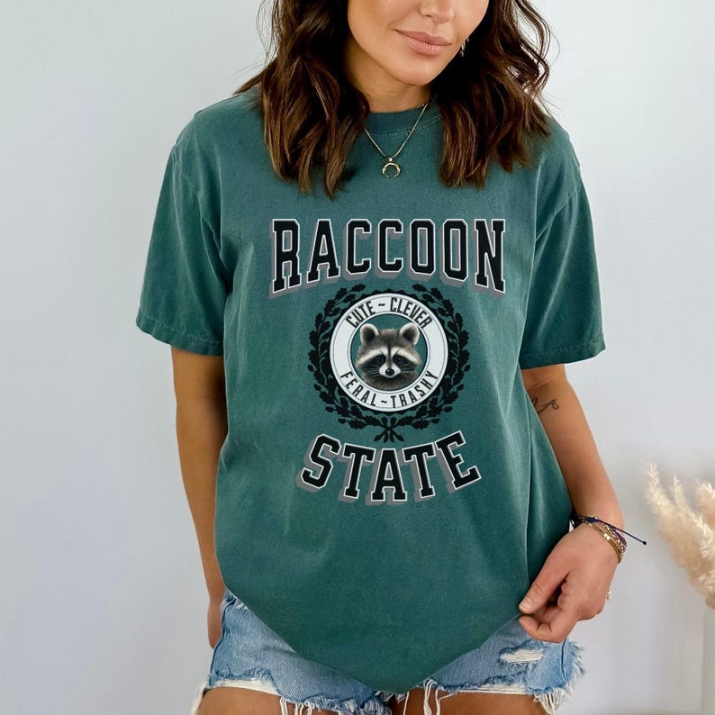 May include: A teal green t-shirt with a black and white graphic of a raccoon. The graphic has the text "RACCOON STATE" and a circle with the text "CUTE - CLEVER - FERAL - TRASHY".