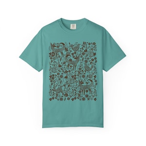 Folk Art Woodland Woodcut Animals T-shirt, Comfort Colors Shirt, Monochrome Linocut Forest animal tee, Scandi cottagecore tshirt, naturecore Seafoam