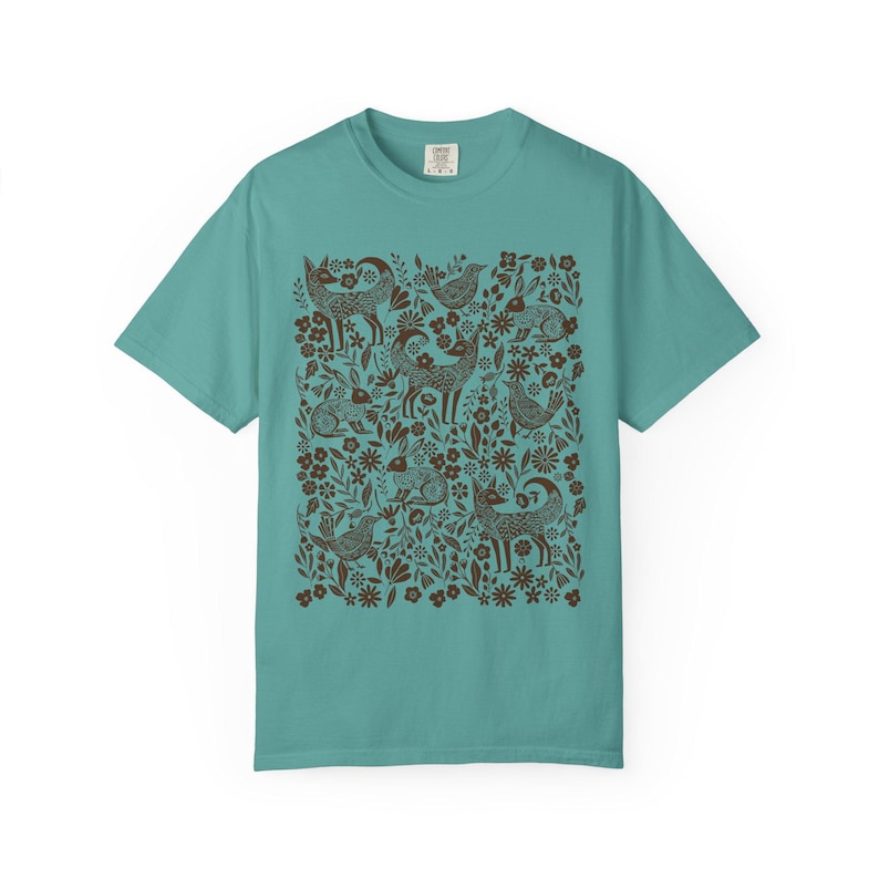 Folk Art Woodland Woodcut Animals T-shirt, Comfort Colors Shirt, Monochrome Linocut Forest animal tee, Scandi cottagecore tshirt, naturecore Seafoam
