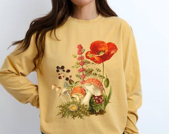 Mushroom Wildflower Shirt, Wild Flower, cottagecore shirt, Pop, Botanical Mushroom t, Floral shirt, Long sleeve Comfort Colors T Shirt, natu
