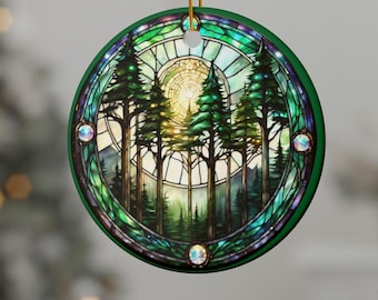 Ornement en céramique aspect vitrail forêt, impression recto-verso, gorpcore, ornement pour les amoureux de la nature, Noël naturecore, cadeau pour les amateurs de plein air de moins de 15 ans