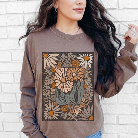 Boho Flower Comfort Colors long sleeve t-shirt, Retro Boho Flowers tshirt, Vint Style Tee, Nature Lover Gift, Wildflower Boho fall Shirt