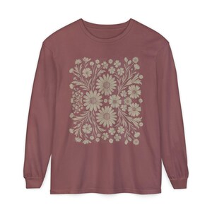 Boho Floral Monochrome Long Sleeve Comfort Colors T-shirt, Vint Style flower Tee, Nature Lover Gift, Boho Trendy Retro Chic T Brick