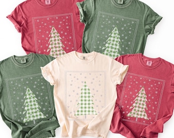 Snow Tree Gingham T-shirt, Comfort Colors Shirt, Winter Holiday Tee, Doodle Snow Tree tshirt, Gift for Teen, Tween Gift, grannycore t