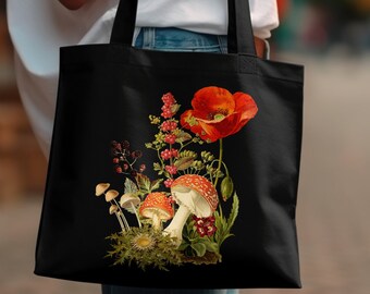 Borsa botanica a forma di fungo, borsa tote cottagecore, borsa shopping pop, borsa con fiori selvatici, borsa tote a forma di fungo, borsa per libri naturecore, borsa cottagecore a forma di fungo