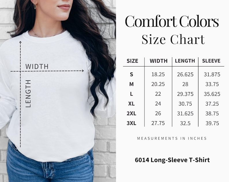 May include: White long-sleeve T-shirt with a size chart. The chart shows measurements in inches for width, length, and sleeve length for sizes S to 3XL. The shirt is labeled as a 6014 Long-Sleeve T-Shirt.