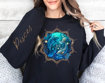 Pisces Crewneck Sweatshirt, Sleeve Print, Pisces Sign Sweatshirt, Pisces Zodiac Crewneck, February Birthday, March Birthday, Pisces Gift