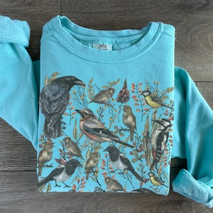 May include: A light blue long-sleeve sweatshirt featuring a detailed graphic print of various birds, including a large black raven, a woodpecker, and smaller songbirds, interspersed with orange and brown foliage and branches.