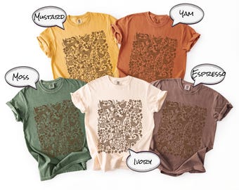 Folk Art Woodland Woodcut Animals T-shirt, Comfort Colors Shirt, Monochrome Linocut Forest animal tee, Scandi cottagecore tshirt, naturecore