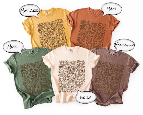Folk Art Woodland Woodcut Animals T-shirt, Comfort Colors Shirt, Monochrome Linocut Forest animal tee, Scandi cottagecore tshirt, naturecore
