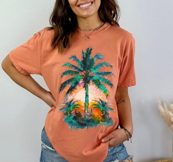 Tropical Palm Tree T-shirt, Sunset Summer Tee, Beach TShirt, Comfort colors tshirt, Vacation shirt, 100 percent cotton t shirt, ocean art t