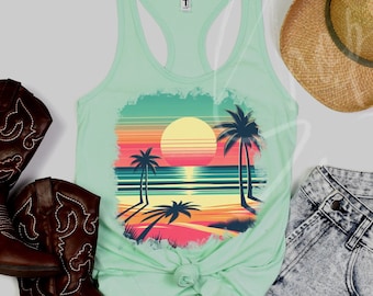 Retro Sunset Beach Tank top, Retro Palm Tree Top, Sunset Beach tank top, Retro Summer vacation tank, coastal sunset tank top, ocean top