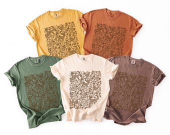 Folk Art Woodland Woodcut Animals T-shirt, Comfort Colors Shirt, Monochrome Linocut Forest animal tee, Scandi cottagecore tshirt, naturecore