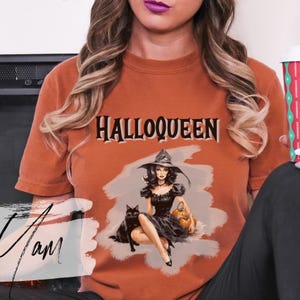 HalloQueen T-shirt, shirt Halloween koningin, T-shirt heks kat pompoen, retro glamour heks shirt, shirt comfort kleuren, vint stijl glamour heks