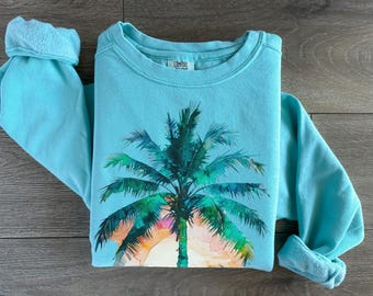 Palm Tree Sunset Comfort Colors Sweatshirt, Beach Crewneck, Summer Sweater, Beach Long Sleeve Sweatshirt, Tropical Vacation Art Crewneck