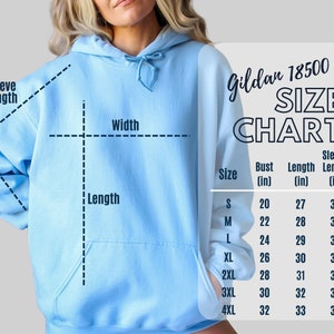 May include: A size chart for Gildan 18500 hoodies, showing measurements in inches for bust, length, and sleeve length for sizes S through 4XL.