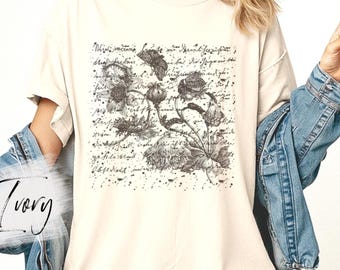 Floral Butterfly Woodcut Comfort Colors Shirt, Comfort Colors tshirt, Vint Pop T-shirt, Flower Monochrome t, Linocut look tee