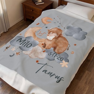 Könnte beinhalten: Eine hellgraue Fleecedecke mit einer braunen Hochlandrind-Illustration, einem Halbmond und dunkelgrauen Wolken. Der Text Milo, 5-11-26 und Taurus ist zusammen mit kleinen orangefarbenen Sternen und Sternbildern auf die Decke gedruckt.