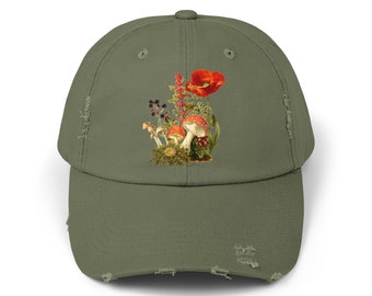 Botanical Mushroom Hat, Cottagecore hat, naturecore hat, Gift for Mom, Garden hat, distressed, mushroom wildflower hat, best friend gift