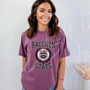 May include: A purple t-shirt with a graphic of a raccoon in a circle with the text "Raccoon State" and the words "Cute - Clever, Feral - Trashy" around the raccoon.