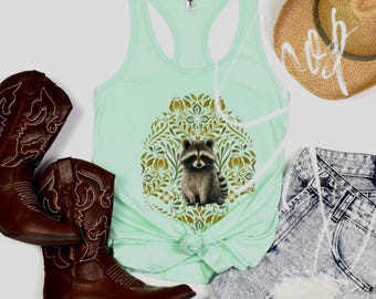 Raccoon Shirt, Folk Art Raccoon Tank top, Forestcore tank, Flower Cottagecore tank, Gift for Teen, nature lover gift, naturecore tank, boho