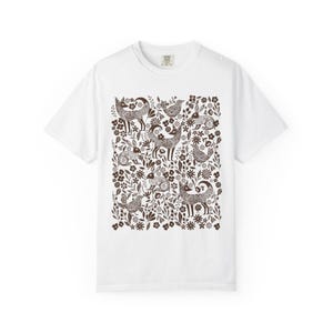 Folk Art Woodland Woodcut Animals T-shirt, Comfort Colors Shirt, Monochrome Linocut Forest animal tee, Scandi cottagecore tshirt, naturecore White