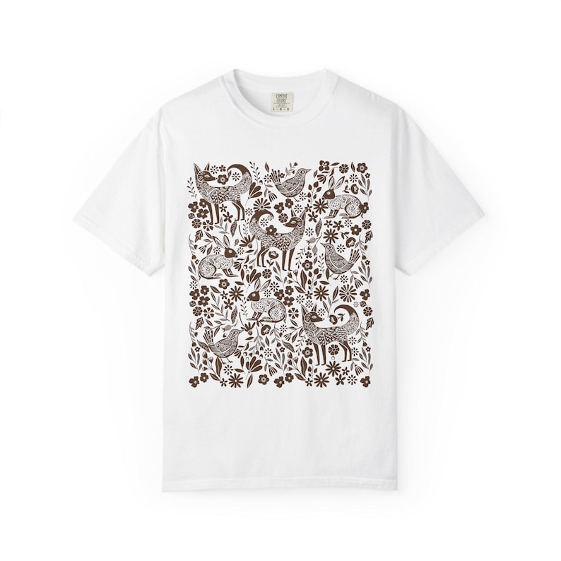 Folk Art Woodland Woodcut Animals T-shirt, Comfort Colors Shirt, Monochrome Linocut Forest animal tee, Scandi cottagecore tshirt, naturecore White
