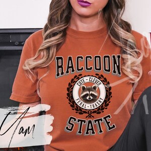 May include: A brown t-shirt with the text "Raccoon State" in black and gray lettering. The shirt features a circular graphic with a raccoon inside, surrounded by a wreath and the text "Cute - Clever - Feral - Trashy".