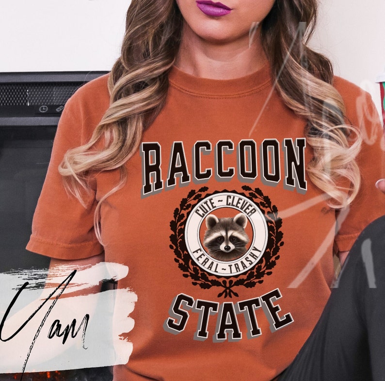 May include: A brown t-shirt with the text "Raccoon State" in black and gray lettering. The shirt features a circular graphic with a raccoon inside, surrounded by a wreath and the text "Cute - Clever - Feral - Trashy".
