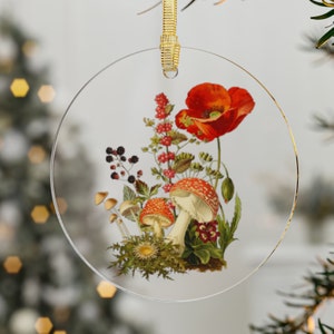 Botanical Mushroom Ornament, Mushroom Christmas ornament, Naturecore ornament, wildflower ornament, cottagecore ornament, Poppy, mushrooom