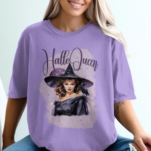 HalloQueen T-shirt, shirt comfort kleuren, retro glamourheks, shirt koningin Halloween, shirt heks, vint stijl glamour heks Halloween-shirt, feest