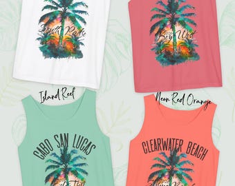 Custom Beach Vacation Sleeveless Shirt, Tropical Palm Tree Sunset Comfort Colors Tank Top, Watercolor Spring Break tank, Summer sunset top