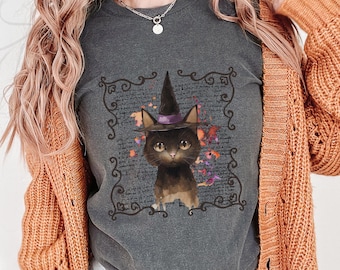 Cute Cat Witch TShirt, Comfort Colors shirt, Halloween Cat Lover Tee, Watercolor Art Witch Cat tee, Gift for Cat mom, cool cat t-shirt