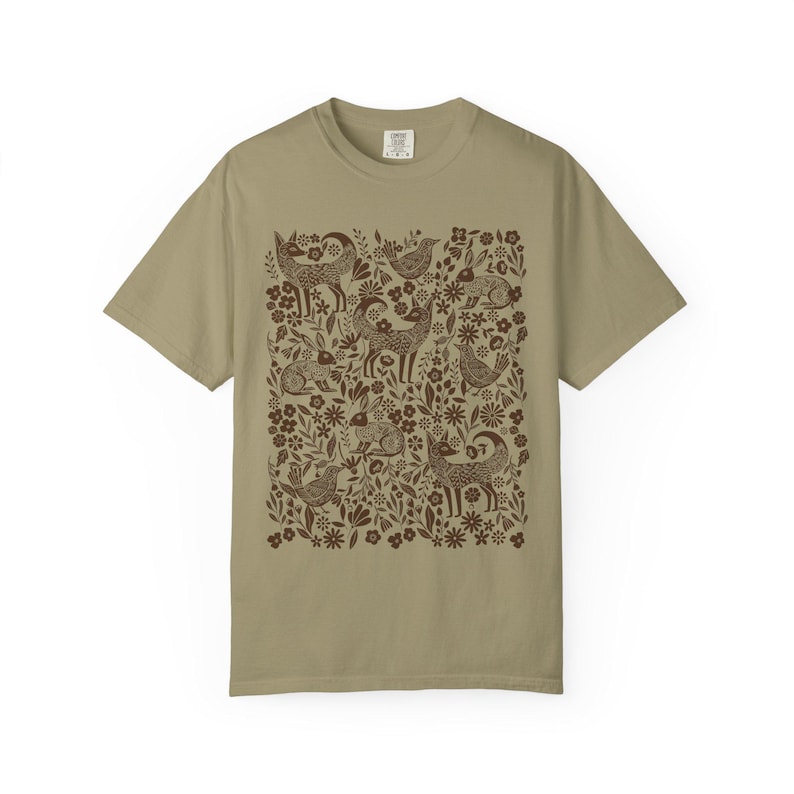 Folk Art Woodland Woodcut Animals T-shirt, Comfort Colors Shirt, Monochrome Linocut Forest animal tee, Scandi cottagecore tshirt, naturecore Khaki
